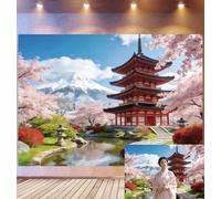 Bovlleetd 3x2,5m Fond de Scène Temple Sakura Japonais Décor Pagode Rouge Mont Fuji Accessoires Chemin du Étang Lanterne de Pierre Thème Sakura Sérénité Accessoires Studio Photo