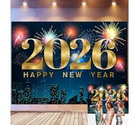 Bovlleetd 3x2,5m Joyeuse Nouvelle année Fond 2026 scène Or 3D Chiffres Feux d'artifice colorés Ville Skyline célébration Fond Salutation Vibrant fête soirée décor Photo Cabine Accessoires