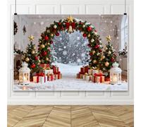 Bovlleetd 3x2,5m Toile de Fond de Porte en Arche de Noël, sapins de Noël boîtes Cadeaux Cloches dorées & Boules Rouges et dorées Toile de Fond du Pays des Merveilles Hivernal pour décoration de Noël
