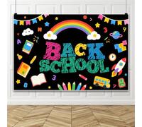 Bovlleetd 3x2.5m Toile de Fond rentrée Scolaire Arc-en-Ciel Cartoon Livre Scolaire Crayon Tableau Fond pour bannière Bureau Fournitures Salle de Classe photomaton