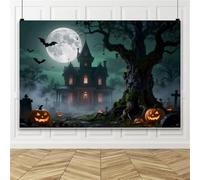 Bovlleetd 3x2m Arrière-Plan Maison Hantée Halloween, Manoir Fantomatique Effrayant Pleine Lune Chauve-Souris Citrouille Cimetière Brume, Décoration de Fête Halloween Accessoire Photobooth