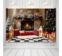 Bovlleetd 3x2m Arrière-Plans cheminée aux sapins de Noël Foyer allumé Sapin de Noël Coussins à Carreaux Lanterne Boîtes-Cadeaux Arrière-Plan Photo pour décoration de fête familiale des fêtes