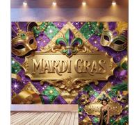 Bovlleetd 3x2m Fond de Scène Festival Mardi Gras Décor Lys d'or Masques Motif Paillettes Violet-Vert Thème Carnaval La Nouvelle-Orléans Accessoires Studio Photo