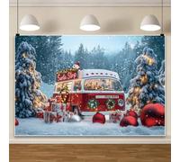 Bovlleetd 3x2m Toile de Fond de Camping-Car de Noël, Bus Rouge de Noël d'hiver, pins enneigés, arrêt du Père Noël, arrière-Plan pour séance Photo de Portrait de Noël et du Nouvel an, Studio