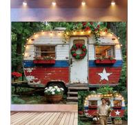 Bovlleetd 4,2x3m Fond de Scène Camping-Car Patriotique Vintage Décor Caravane Rouge-Blanc-Bleu Couronne de Fleurs Accessoires Guirlandes Lumières Jardinière Thème Extérieur Rustique Studio Photo