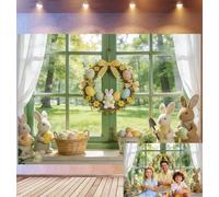 Bovlleetd 4,2x3m Fond de Scène Rebord de Fenêtre Pâques Accessoires Peluche Lapin Œufs de Pâques Décor Couronne de Fleurs Panier Thème Printemps Pâques Accessoires Studio Photo