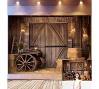 Bovlleetd 4,2x3m Fond Photo Porte de Grange Rustique, Chariot de Foin Vintage, balles de Foin, lumières, Pots en Terre - Scène de Ferme, Accessoires de Studio Photo Rural rétro