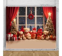 Bovlleetd 4.2x3m Noël Ours en Peluche Scène de Fenêtre Arrière-Plan Photographique Nuit Enneigée Sapin de Noël Cadeaux Couronne Arrière-Plan Photographique pour Fête de Vacances en Famille
