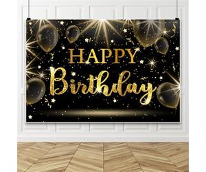Bovlleetd 4.2x3m Or Noir Fond de fête de Bon Anniversaire Vinyle Ballons d'or Glitter étoile fête d'anniversaire Photo Fond Or Noir Bon Anniversaire Signe décorations pour Hommes Femmes