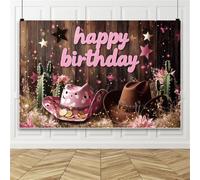 Bovlleetd 4,5x3m Arrière-Plan Joyeux Anniversaire Cowgirl Western Impression Vache Rose Chapeau Cactus Étoile Planche Bois Arrière-Plan Sweet 16 Far West Filles