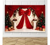 Bovlleetd 4.5x3m Arrière-Plan Noël, Grand nœud satiné Rouge Rideau Velours Rouge arrière-Plan Photo pour décoration photomaton fête Festive Vinyle