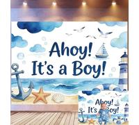 Bovlleetd 4,5x3m Fond de Scène Baby Shower Nautique Décor Aquarelle Ahoy! It's a Boy! Accessoires Ancre Phare Thème Célébration Bébé Côtière Accessoires Studio Photo