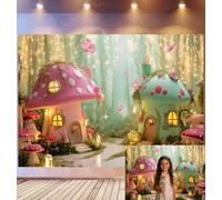 Bovlleetd 4,5x3m Fond Maison Champignon Conte de Fées, Forêt Enchantée Papillon Guirlande Lumineuse Fleurs Mousse Décoration Fond Photographique, Accessoires Studio Photo Fantastique Rêveur Enfant