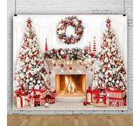 Bovlleetd 4.5x3m Noël Cheminée Arrière-Plan Photographique Polyester Sapin de Noël Couronne Boîte Cadeau Scène de Feu Chaleureux Arrière-Plan pour Accessoires de Décoration de Cabine de Studio Photo