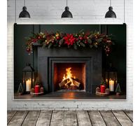 Bovlleetd 6x3m Arrière-Plan Cheminée Noël, Bois de Chauffage brûlant Fond Mur Brique Sombre Guirlande Baies Rouges lanternes Bougies Accessoires photomaton Studio Vinyle