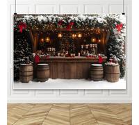 Bovlleetd 6x3m Arrière-Plan étal marché en Bois de Noël, Stand de Noël enneigé Guirlande de pin Rubans Rouges Lanterne Tasse Chocolat Chaud, Arrière-Plan photomaton fête Noëls