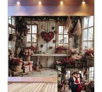 Bovlleetd 6x3m Fond Cottage Rustique Saint-Valentin Mur Bois Vieilli & Décor Cœur Roses Fond Photo Accessoires Bouquets Paniers Osier & Vintage Thème Romantique Cosy Accessoires Studio Photo