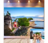 Bovlleetd 6x3m Fond d'anniversaire Forteresse San Juan Bastion de Pierre Historique, Remparts côtiers Architecture Coloniale Port Turquoise, Thème Coucher de Soleil, Accessoires de Studio Photo