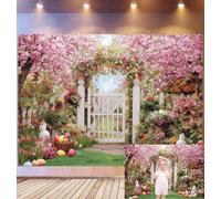 Bovlleetd 6x3m Fond Pâques Printemps Portail Sakura Arche Fleurs Rose & Clôture Piquets Blancs Décor Pelouse Verte Fond Photo Thème Jardin Pâques Enchanté Accessoires Studio Photo