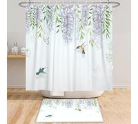 Bovlleetd Floral Rideau de Douche Violet Wisteria Rideaux de Douche Botanique Colibri Printemps Paysage Salle de Bain Décor Rideau Vert Clair Rideau de Bain 180x180cm