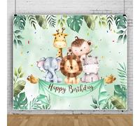 Bovlleetd Forêt Forêt Zoo Toile de Fond Joyeux Anniversaire Lions et éléphants Toile de Fond pour Photographie Style Conte de fées Toile de Fond pour fête L220xH150cm Vinyle