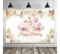 Bovlleetd Joyeux Anniversaire Toile de Fond avec Lapin Mignon Roses séchées Beige Toile de Fond pour Photographie Style Conte de fées Toile de Fond pour Décoration de fête L220xH150cm Vinyle