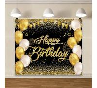 Bovlleetd Or et Blanc Ballon Joyeux Anniversaire Toile de Fond Doré étoiles et Feux d'artifice Toile de Fond pour Photographie Toile de Fond Noire pour Décoration de fête L220xH150cm Vinyle