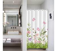 Bovlleetd Rideau de Douche à Petites Plantes Rideau de Douche à Fleurs Violettes Papillon Rose Feuille Verte Sauge pour Un Seul décor de RV Walkin Tissu Salle de Bain Polyester imperméable 92x183cm