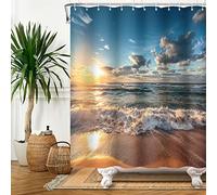 Bovlleetd Rideau de Douche de Plage Tissu imperméable océan Plage de Sable Lever du Soleil Vague de mer Nature Paysage Salle de Bain Rideau de Douche Ensemble avec œillets Impression numérique