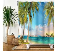 Bovlleetd Rideau de Douche Hawaiian Ocean Island Rideau de Douche de Salle de Bain d'arbre Tropical de Plage d'été Joli décor de Maison de Salle de Bain de scène de Bord de mer