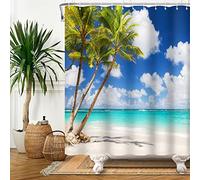 Bovlleetd Rideau de Douche océan Turquoise Feuilles de Palmier Tropicales Ciel Bleu Rideau de Douche de scène de Bord de mer de l'île hawaïenne pour Salle de Bain Set 12 Crochets Lavable en Machine