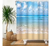 Bovlleetd Rideau de Douche Vague de mer imperméable Rideau de Douche de Salle de Bain Paysage océan Ciel Bleu et Nuages Blancs Ensemble avec 12 Crochets Décors de Baignoire 36x72 Pouces