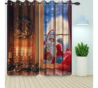 Bovlleetd Rideaux occultants de noël Marron Le père noël Frappe à la Porte thème Bougie cheminée Traitement de fenêtre pour Salon Chambre Rideaux occultants 2 pièces 140x225cm