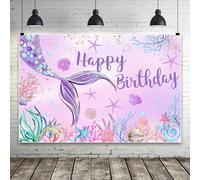 Bovlleetd Sirène Toile de Fond Joyeux Anniversaire Rose Bleu Violet Corail Étoile de mer et Feston Toile de Fond pour la Photographie L220xH150cm Vinyle