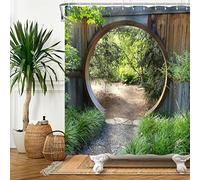 Bovlleetd Verdure forêt Rideau de Douche Paysage Naturel Salle de Bain Rideau de Douche Rustique Arc Circulaire Jardin Porte en Bois pavé Chemin Baignoire décors Ensemble 12 Trous 183x183cm