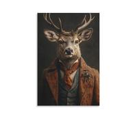 BoVrilyx Décoration murale de cerf élégant - Portrait d'animal habillé en costume vintage avec fond sombre - Décoration de chalet rustique insolite - Pour salon, étude, maison de campagne - 30,5 x