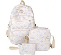 Bow Lot de 3 sacs à dos en nylon Kawaii pour filles, avec nœud papillon, style universitaire, grande capacité, avec bandoulière et pochette, pour l'école ou les voyages, bleu, Taille unique