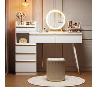 BOWDOW Coiffeuse Blanche 6 tiroirs LED 3 Tons, Tablette coulissante, 100 cm | Poignées dorées, pieds métalliques, kit anti-bascule, espace beauté stable et organisé.