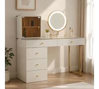BOWDOW Coiffeuse LED Blanc doré, Miroir 3 Tons, Verre trempé, 120x45x115 cm | Grand miroir LED 3 couleurs, rangements fermés, kit anti-bascule, espace maquillage complet et stable.
