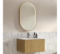 BOWDOW Ensemble Meuble Salle de Bain 80cm, Miroir LED Ovale Doré, Chêne | Meuble 80cm, miroir LED ovale doré, vasque pierre, façade rainurée, suspendu, pré-assemblé, chêne.