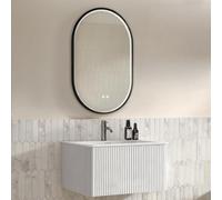 BOWDOW Ensemble Meuble Salle de Bain 80cm, Miroir LED Ovale Noir, Blanc | Meuble 80cm, miroir LED ovale noir avec strass, vasque pierre, façade rainurée, suspendu, pré-assemblé, blanc.