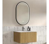 BOWDOW Ensemble Meuble Salle de Bain 80cm, Miroir LED Ovale Noir, Chêne | Meuble 80cm, miroir LED ovale noir avec strass, vasque pierre, façade rainurée, suspendu, pré-assemblé, chêne.