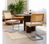 BOWDOW Lot de 2 Chaises Rotin Velours Pieds Chrome Design Mi-Siècle Beige | Assise rembourrée haute densité : confort moelleux durable ; dossier rotin respirant pour rester au frais, même en été.