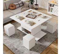 BOWDOW Table Basse relevable 100cm 4 tabourets, Blanc | Table basse 3-en-1, hauteur réglable, 4 tabourets, rangement, roulettes, blanc