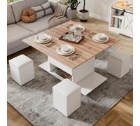 BOWDOW Table Basse relevable 100cm 4 tabourets, Plateau Bois | Table basse 3-en-1, hauteur réglable, 4 tabourets, rangement, roulettes, plateau bois