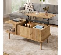 BOWDOW Table Basse relevable 100cm, Porte coulissante, Bois Naturel | Table basse relevable, porte coulissante, rangement modulable, pieds bois, finition naturel
