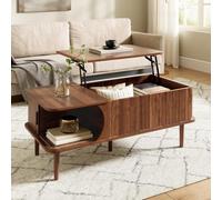 BOWDOW Table Basse relevable 100cm, Porte coulissante, Bois Noyer | Table basse relevable, porte coulissante, rangement modulable, pieds bois, finition noyer