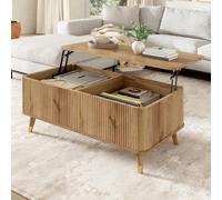 BOWDOW Table Basse relevable 97cm, Rangement, Bois Naturel | Table basse relevable, rangement caché, design vague, pieds bois, finition naturel