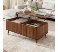 BOWDOW Table Basse relevable 97cm, Rangement, Bois Noyer | Table basse relevable, rangement caché, design vague, pieds bois, finition noyer