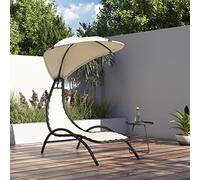 BOWEKAM Chaise longue d'extérieur en tissu et acier avec auvent Crème 167 x 80 x 195 cm